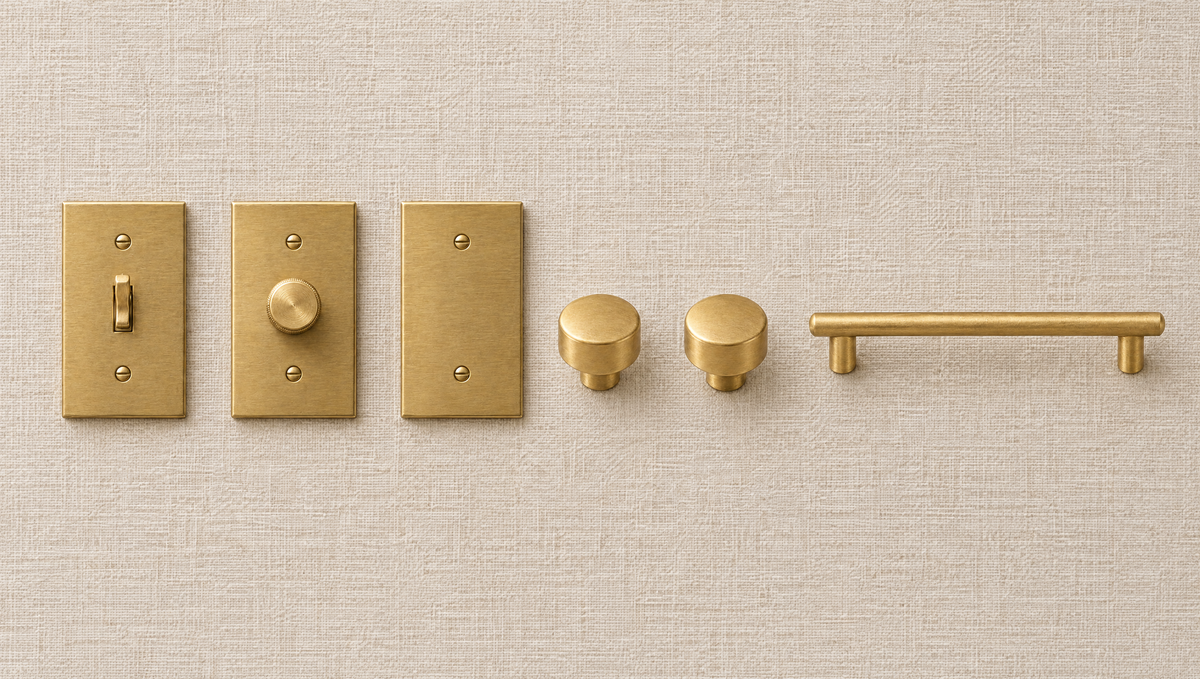 Oxide Hardware solid brass switch, dimmer, plate, knobs and pull on linen