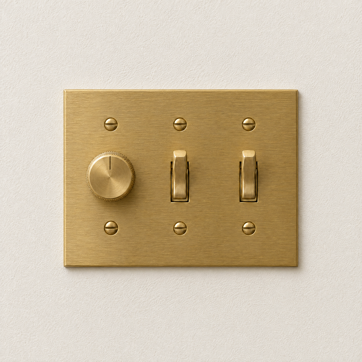 3-Gang Dimmer + 2 Toggle Switch in Unlacquered Brass, front view