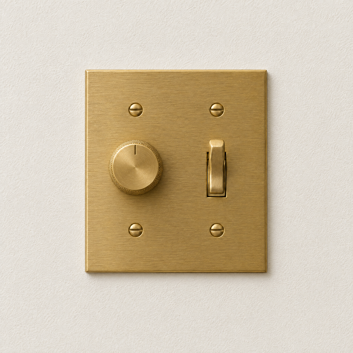 2-Gang Dimmer + Toggle Switch in Unlacquered Brass, front view
