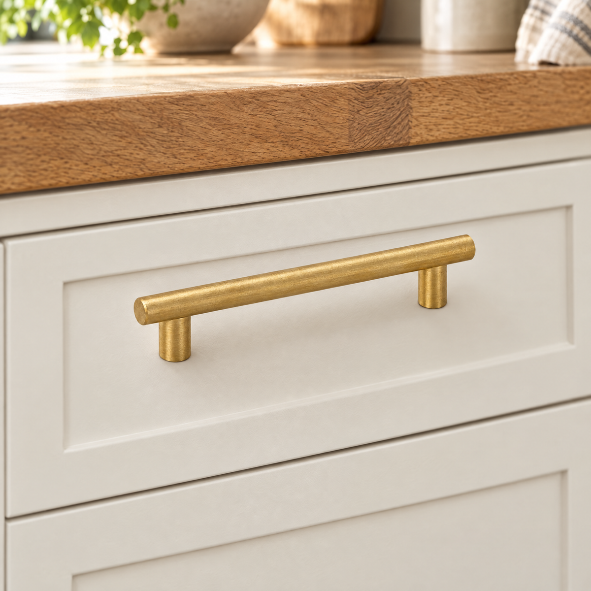 Solid Brass Cabinet Pull on a shaker kitchen drawer