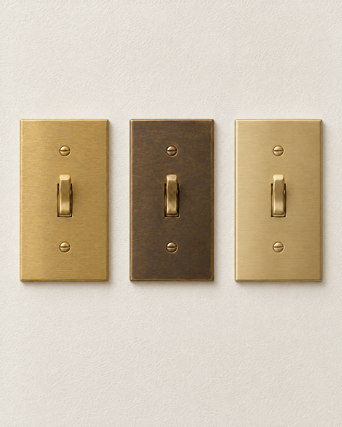 The three Oxide Hardware finishes side by side on a toggle switch