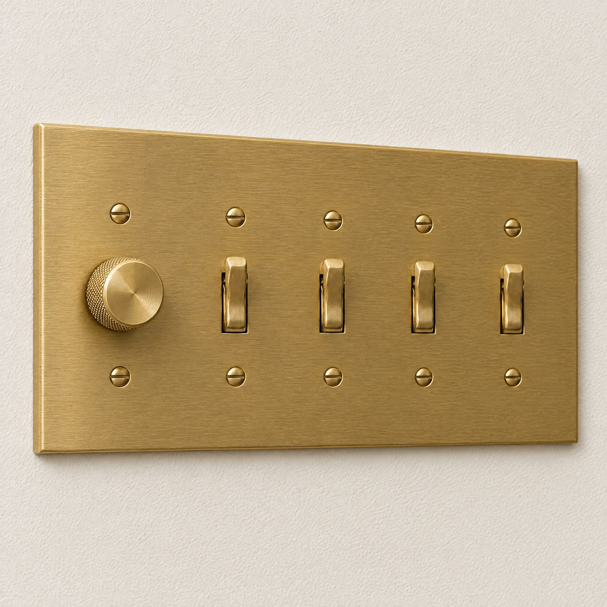 5-gang solid brass plate with one dimmer and four toggles, satin brass