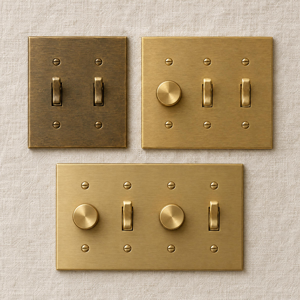 2, 3 and 4-gang solid brass plates in aged, unlacquered and satin brass