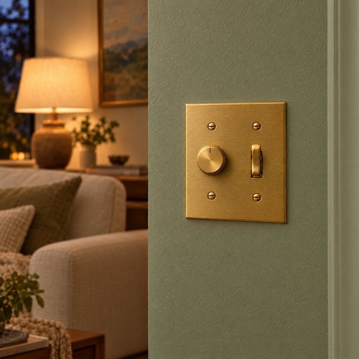 2-Gang Dimmer + Toggle Switch installed on a sage green living room wall