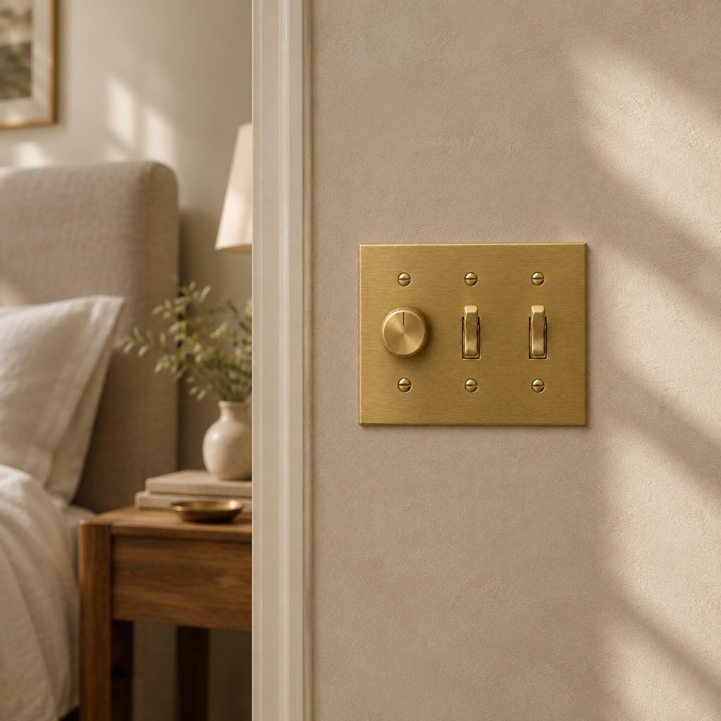 3-Gang Dimmer + 2 Toggle Switch installed in a bedroom hallway