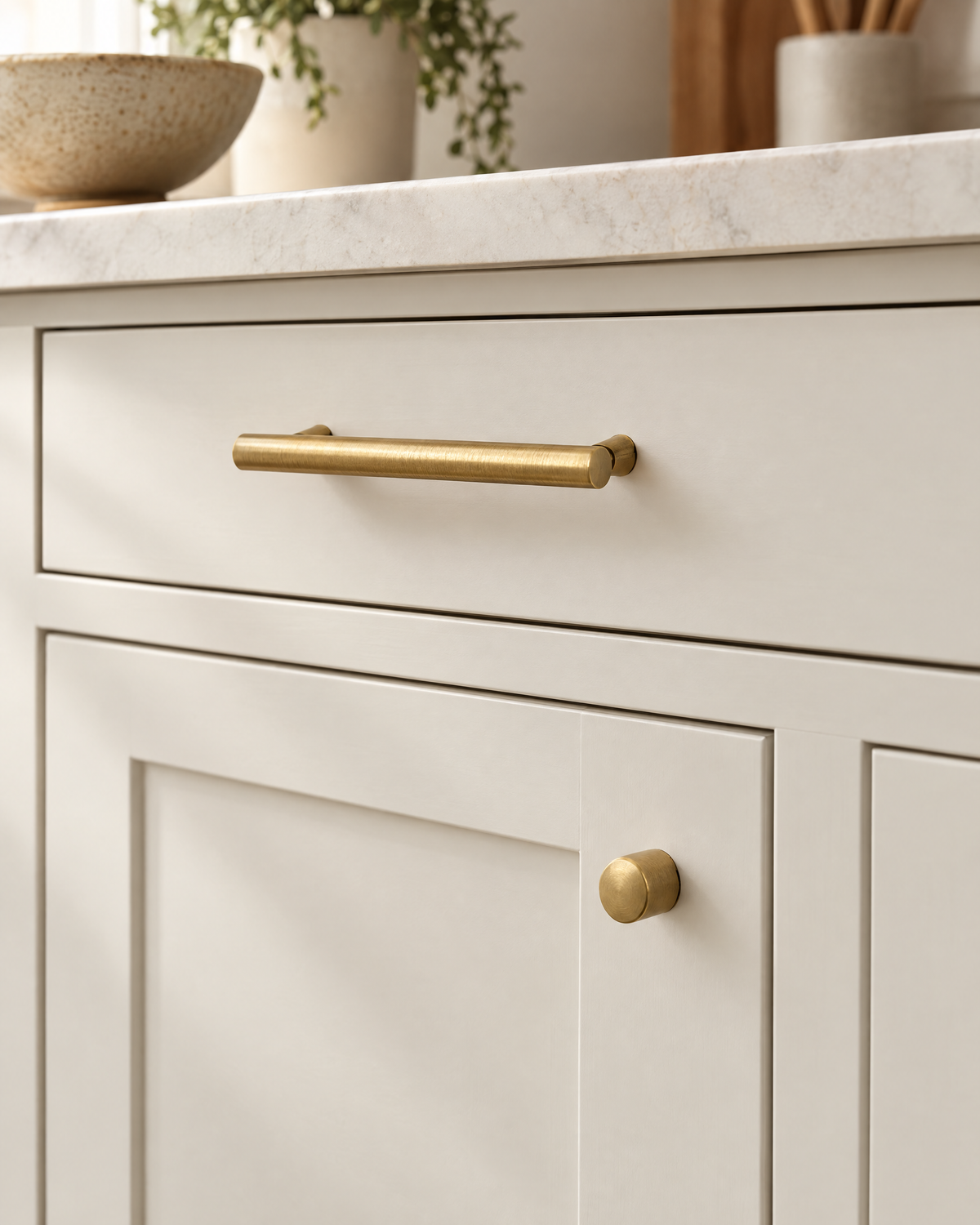 Solid brass cabinet pull and knob on shaker cabinets