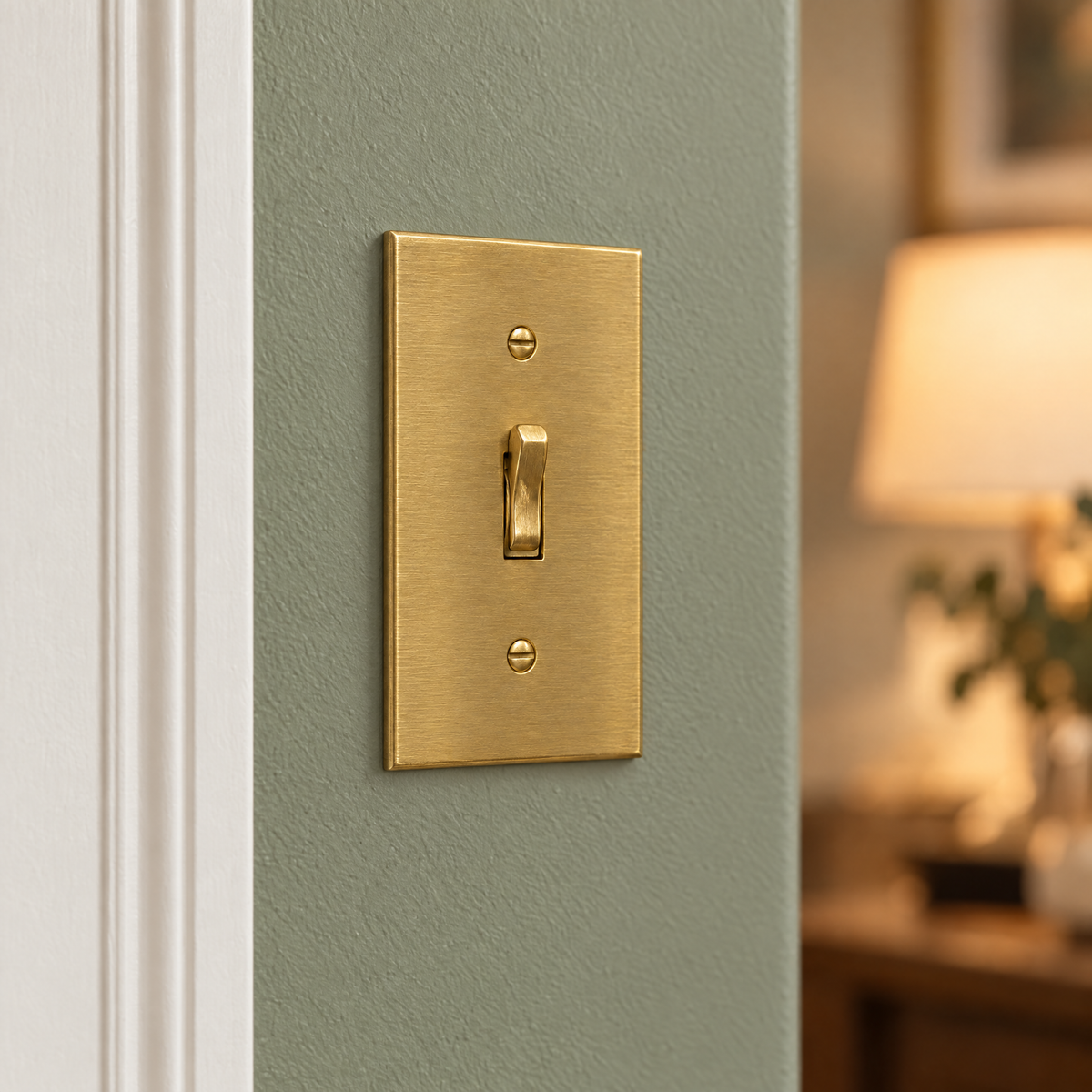 1-Gang Toggle Switch in Unlacquered Brass installed on a sage green wall