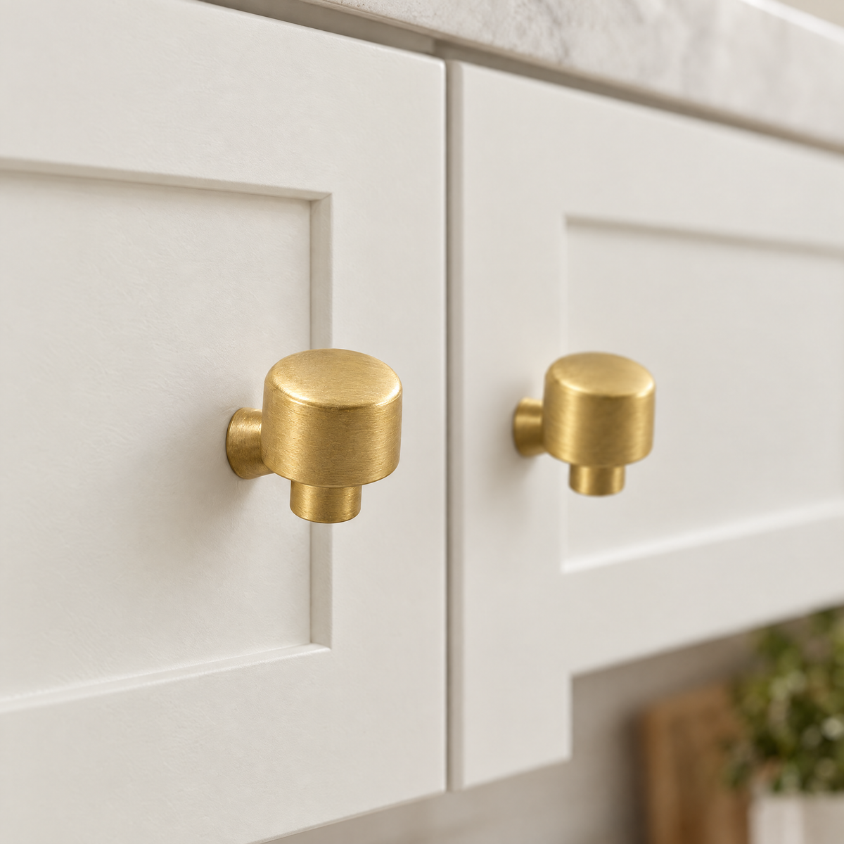 Solid Brass Cabinet Knob on a shaker cabinet door