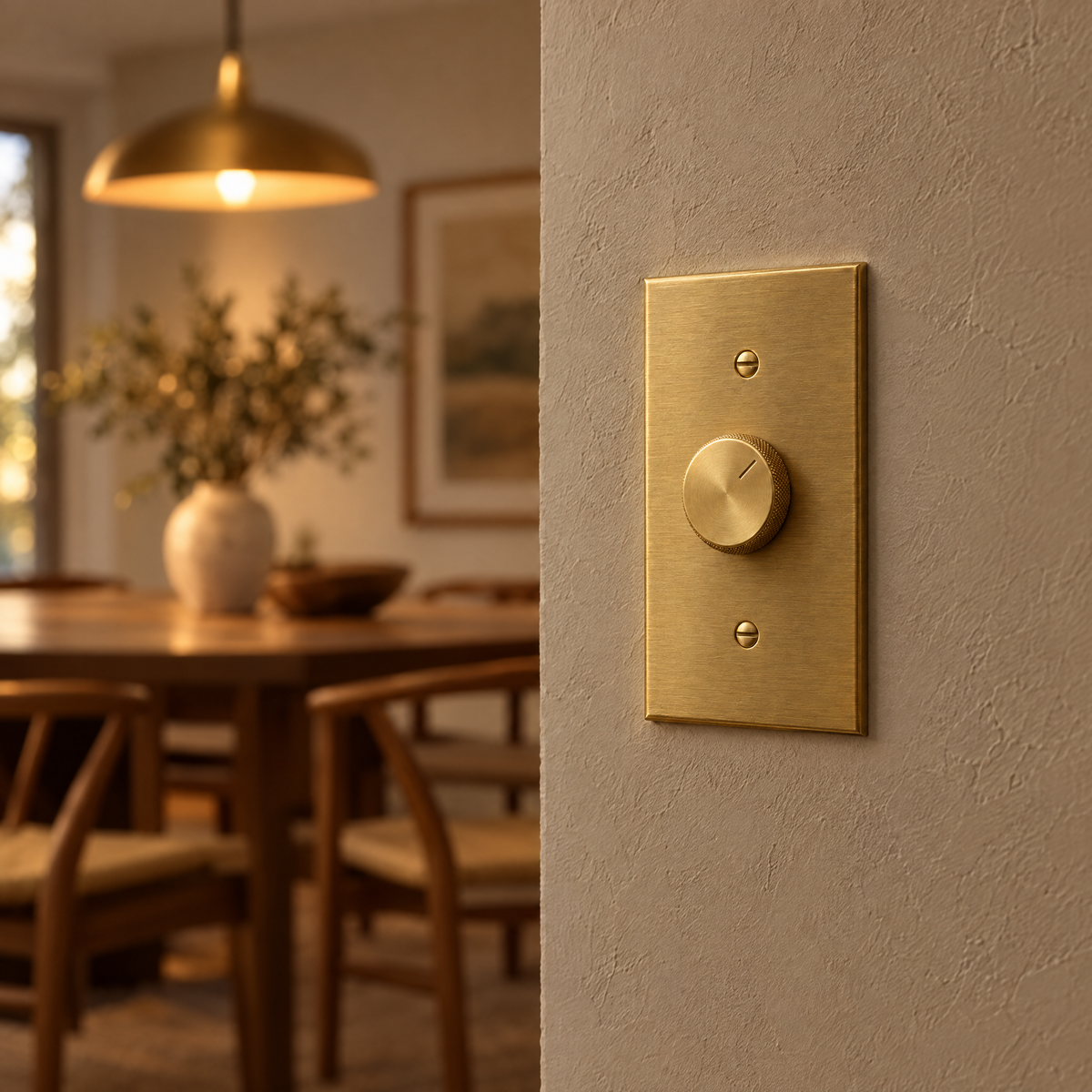 1-Gang Rotary Dimmer Switch installed in a dining room