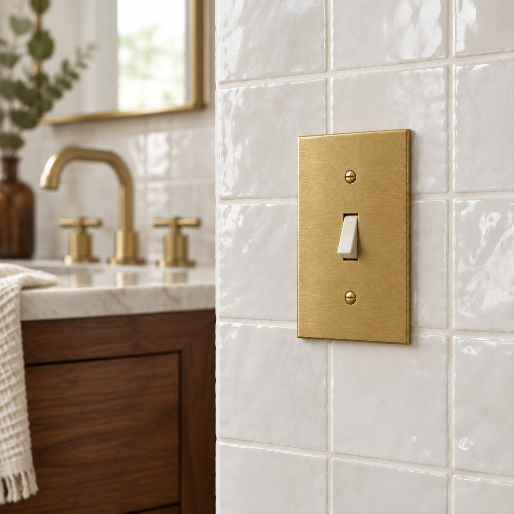 1-Gang Solid Brass Toggle Wall Plate installed on a bathroom tile wall