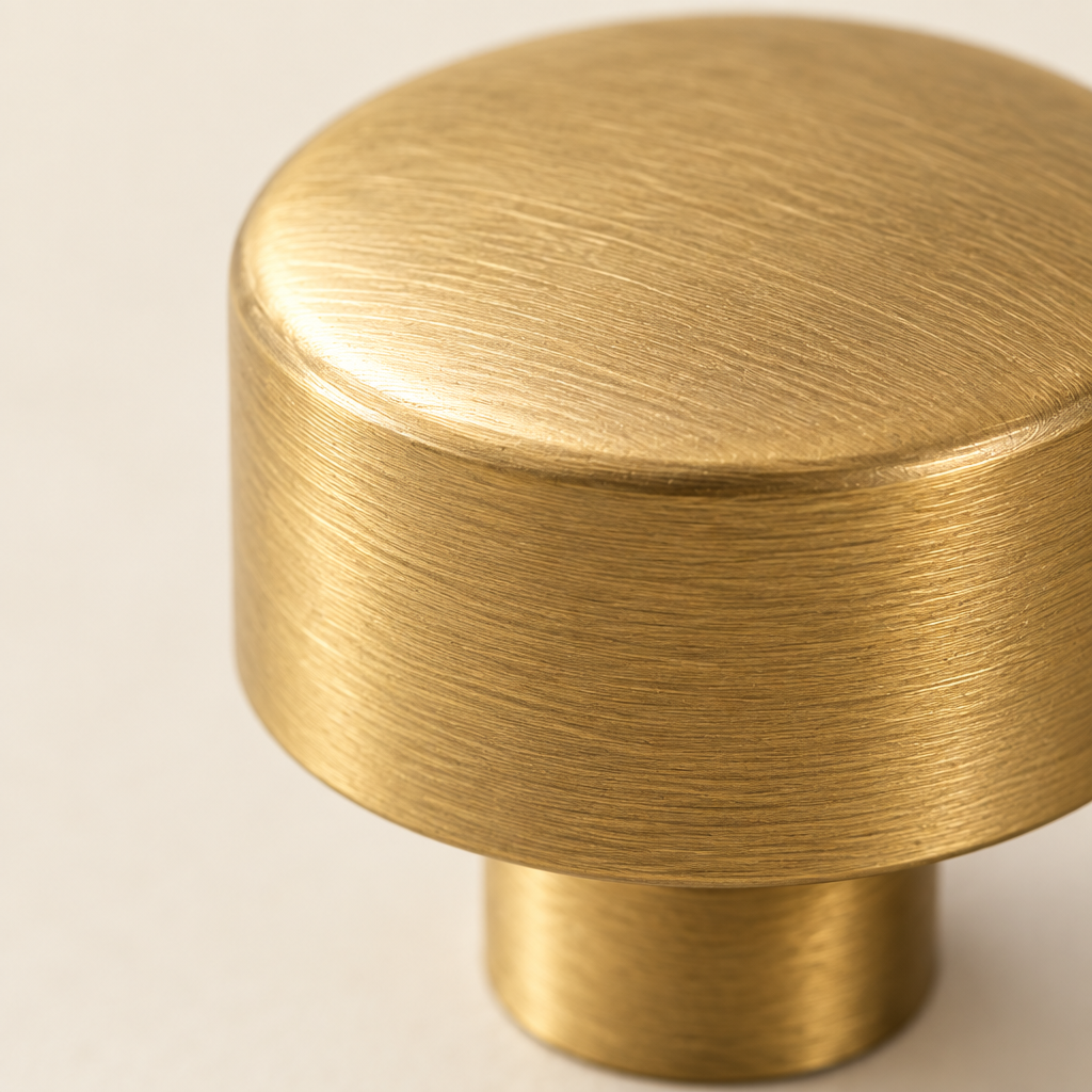 Close-up of the turned solid brass cabinet knob