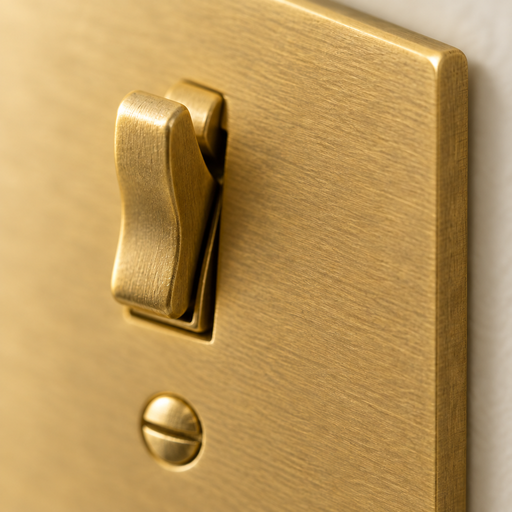 Close-up of the solid brass toggle lever, screw and plate edge