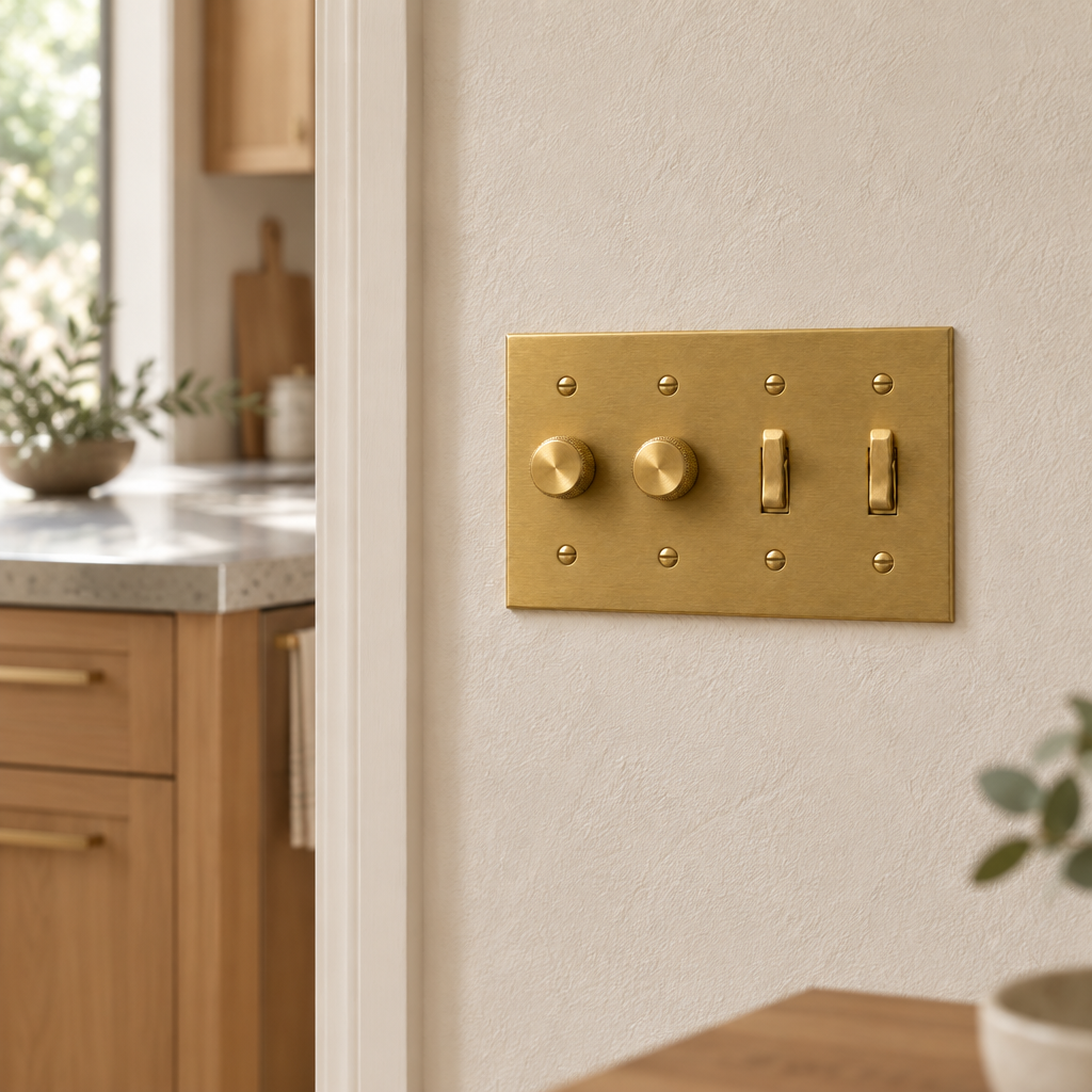 4-gang solid brass plate with two dimmers and two toggles installed beside a kitchen doorway