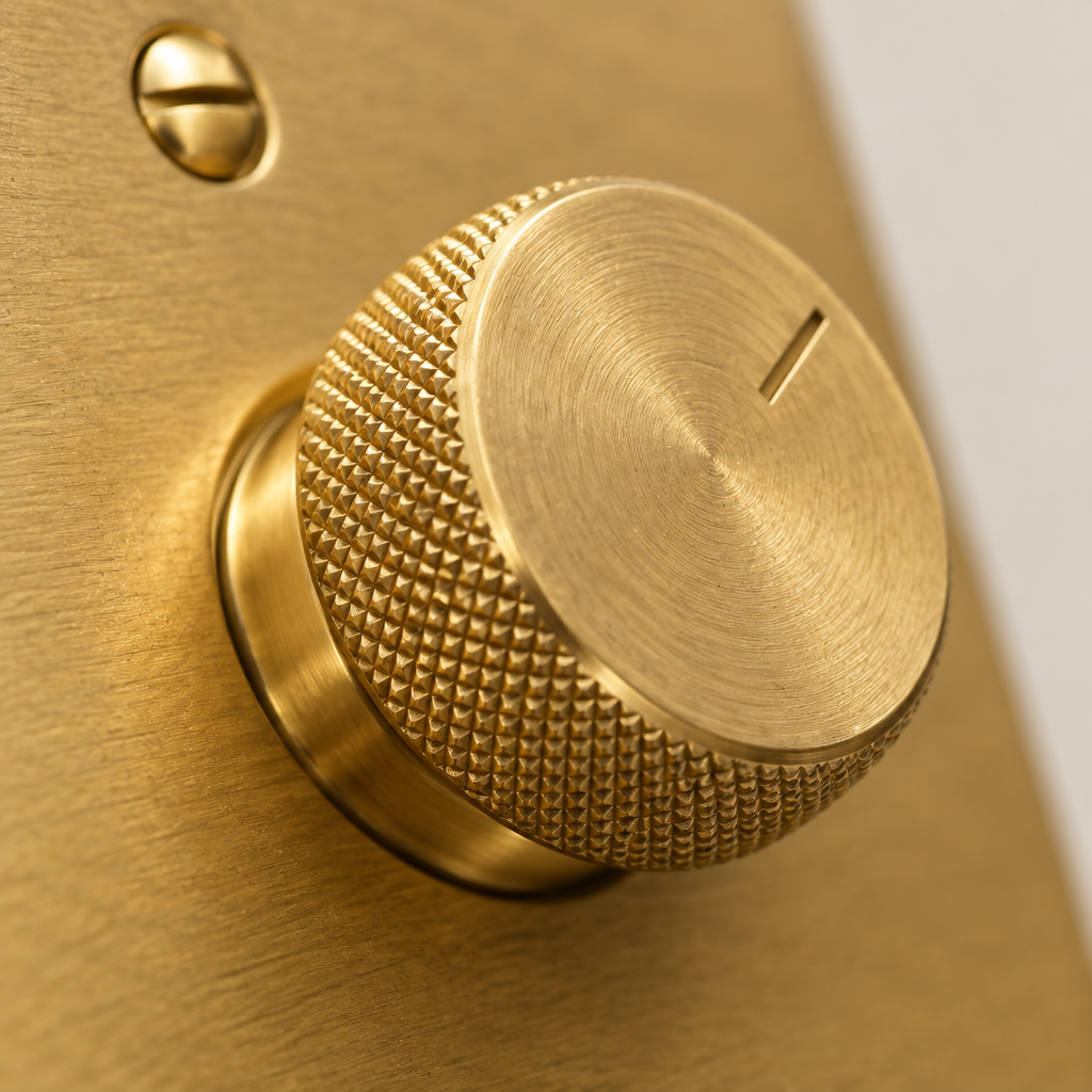 Close-up of the knurled solid brass dimmer knob