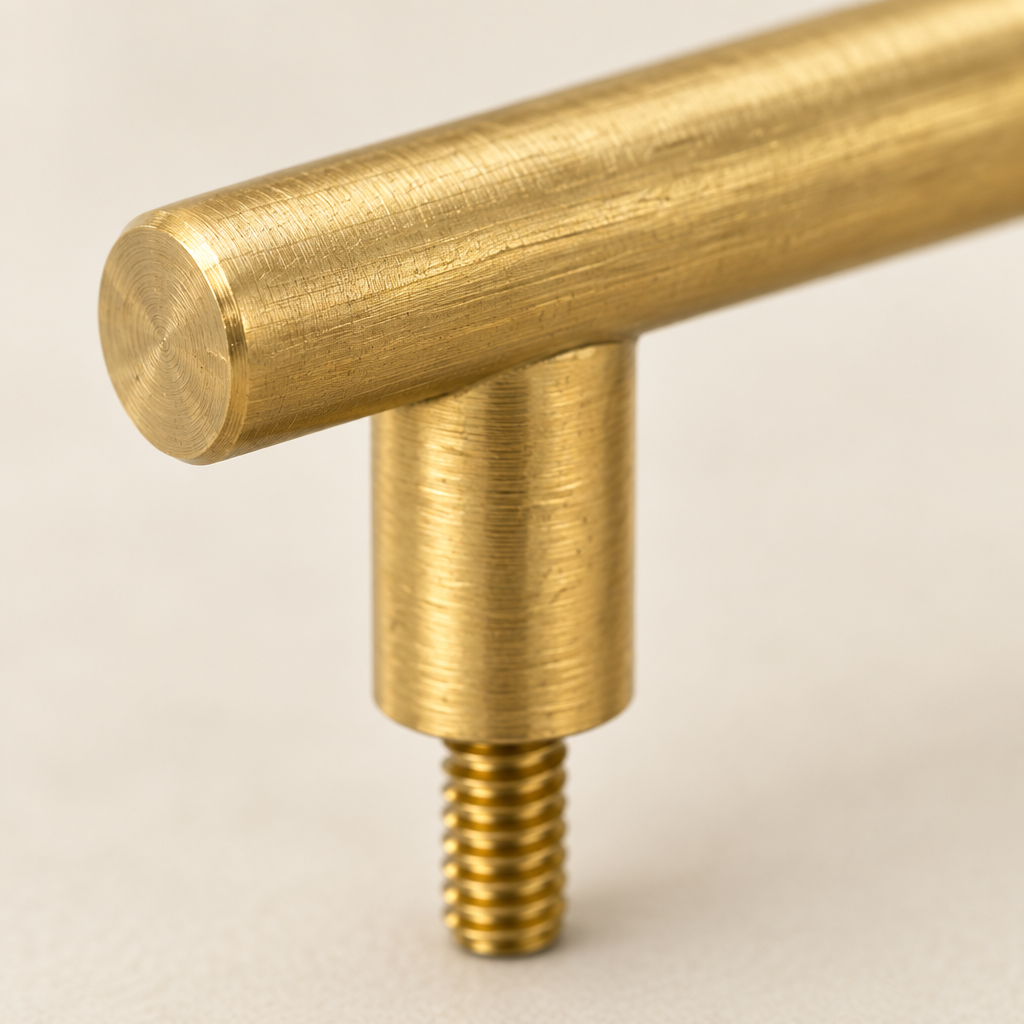 Close-up of the solid brass cabinet pull end and machine screw