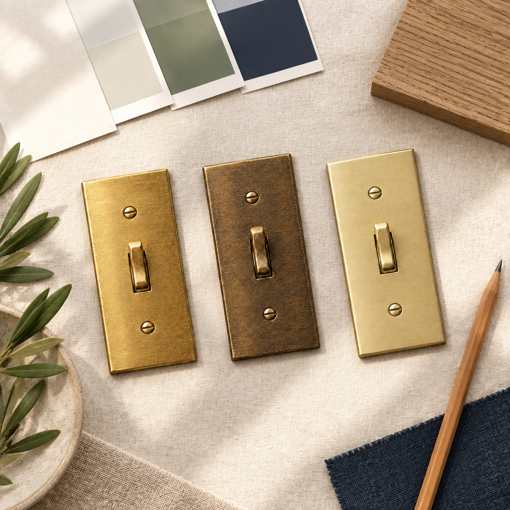 The three Oxide Hardware finishes next to paint and wood samples on a designer's desk